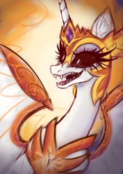 Size: 904x1280 | Tagged: safe, artist:karitcaa, derpibooru import, daybreaker, alicorn, pony, armor, black sclera, bust, ear fluff, ears, eyelashes, female, helmet, mane of fire, mare, open mouth, peytral, portrait, sharp teeth, slender, solo, spread wings, teeth, thin, wing armor, wings