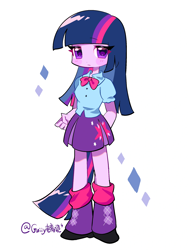 Size: 1620x2160 | Tagged: safe, artist:guiiy电离诡, derpibooru import, twilight sparkle, human, equestria girls, g4, blushing, clothes, humanized, looking at you, loose socks, shoes, simple background, solo, standing, tail, tailed humanization, white background