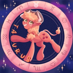 Size: 2000x2000 | Tagged: safe, artist:irisikiki, derpibooru import, part of a set, applejack, earth pony, pony, g4, cow horns, cow tail, female, grin, high res, horns, looking at you, mare, smiling, smiling at you, solo, stars, tail, taurus, zodiac