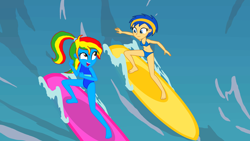 Size: 3496x1968 | Tagged: safe, artist:shieldwingarmorofgod, derpibooru import, oc, oc:flare spark, oc:royal strength, equestria girls, g4, clothes, ocean, outdoors, surfboard, surfing, swimsuit, water