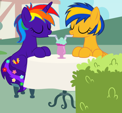 Size: 2354x2177 | Tagged: safe, artist:star-armour95, derpibooru import, oc, oc only, oc:flare spark, oc:rainbow flower, pegasus, pony, unicorn, drink, horn, milkshake, outdoors