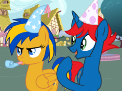 Size: 2048x1536 | Tagged: safe, artist:mlpfan3991, artist:ry-bluepony1, derpibooru import, oc, oc:flare spark, oc:train track, pegasus, pony, unicorn, base used, birthday, female, hat, horn, male, outdoors, party hat, party horn, ponyville