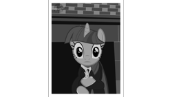 Size: 3840x2160 | Tagged: safe, artist:mbesto, derpibooru import, twilight sparkle, cat, pony, unicorn, g4, brick wall, clothes, eyes open, holding, holding a cat, holding hooves, horn, monochrome, solo, suit, tuxedo, wide eyes