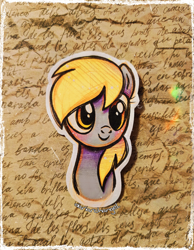 Size: 2287x2950 | Tagged: safe, artist:dariarchangel, derpibooru import, derpy hooves, pegasus, pony, g4, adorable face, bangs, blonde, blonde hair, blonde mane, bust, c:, cross-eyed, cute, cute smile, derp, derpabetes, female, golden eyes, gray coat, mare, photo, portrait, precious, smiling, solo, too cute, traditional art