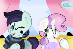 Size: 1024x683 | Tagged: safe, artist:llyly, derpibooru import, coloratura, sweetie belle, earth pony, pony, unicorn, cute, diasweetes, feminism, horn, if only, rara, rarabetes, rarasass, sassasweetes, solo