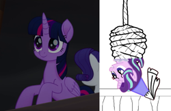 Size: 1097x717 | Tagged: safe, derpibooru import, edit, rarity, starlight glimmer, twilight sparkle, twilight sparkle (alicorn), alicorn, pony, unicorn, g4, my little pony: the movie, bondage, female, hanging, hanging upside down, happy, hat, hennin, horn, looking at someone, looking at something, mare, princess, princess starlight glimmer, rope, rope bondage, smiling, tied up, upside down