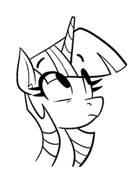 Size: 1193x1489 | Tagged: safe, artist:anontheanon, twilight sparkle, pony, unicorn, black and white, bust, eye clipping through hair, eyebrows visible through hair, frown, grayscale, looking up, monochrome, simple background, solo, white background