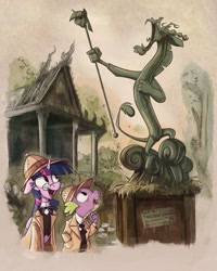 Size: 2646x3300 | Tagged: safe, artist:anontheanon, discord, spike, twilight sparkle, twilight sparkle (alicorn), alicorn, dragon, pony, bowtie, cravat, discord statue, ears, floppy ears, looking up, open mouth, open smile, pith helmet, smiling, statue, trenchcoat, twilight scepter, waistcoat