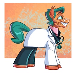 Size: 1079x1039 | Tagged: safe, artist:anontheanon, oc, oc only, oc:dr. schiz, earth pony, pony, robot, robot pony, abstract background, doctor, grin, lab coat, male, solo, stallion, stethoscope