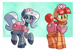 Size: 2440x1700 | Tagged: safe, artist:anontheanon, oc, oc only, earth pony, pony, robot, robot pony, duo, eyebrows visible through hair, female, lidded eyes, looking at you, mare, nurse, nurse hat, nurse outfit