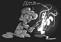 Size: 1731x1188 | Tagged: safe, artist:anontheanon, oc, oc only, oc:belle hop, earth pony, pony, bellhop, bellhop pony, black and white, black background, cigarette, dialogue, female, ghost trap, grayscale, hoof hold, mare, monochrome, simple background, sitting, smoking, talking to viewer