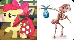 Size: 654x358 | Tagged: safe, derpibooru import, edit, edited screencap, screencap, apple bloom, dolphin, insect, g4, a bug's life, ant, bag, bindle, bloom & gloom, flik, meme, screenshots, stick