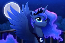 Size: 4096x2731 | Tagged: safe, artist:confetticakez, derpibooru import, princess luna, alicorn, pony, g4, cute, female, looking up, moon, smiling, solo, spread wings, tree, wings