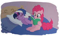 Size: 1533x917 | Tagged: safe, artist:siemensohm, derpibooru import, pinkie pie, twilight sparkle, unicorn twilight, earth pony, pony, unicorn, g4, bed, book, duo, duo female, eyes closed, female, hat, horn, in bed, lying down, mare, nightcap, on bed, on side, reading, sitting, sitting on bed, sleeping