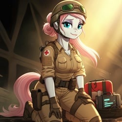 Size: 1024x1024 | Tagged: safe, ai content, derpibooru import, machine learning generated, nurse redheart, anthro, plantigrade anthro, g4, breasts, clothes, cosplay, costume, doc, female, feminism, g.i. joe, generator:google imagen 3.0, gloves, helmet, kneeling, loose hair, medic, military uniform, prompter:zerowinger, smiling, solo, uniform