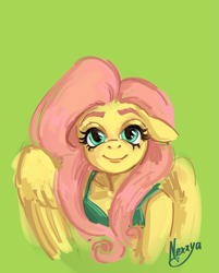 Size: 2329x2897 | Tagged: safe, artist:nexya05, derpibooru import, fluttershy, anthro, pegasus, g4, bust, cute, ears, floppy ears, green background, high res, looking at you, shyabetes, signature, simple background, smiling, smiling at you, solo