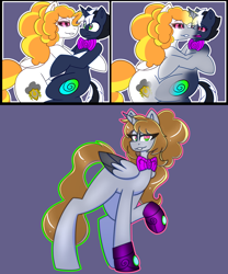 Size: 4000x4808 | Tagged: safe, artist:askhypnoswirl, derpibooru import, oc, oc:hypno swirl, oc:storm shield, pegasus, unicorn, bowtie, clothes, comic, duo, duo male and female, female, fusion, horn, hypno eyes, hypnosis, hypnotized, male, necktie, pegasus oc, shoes, unicorn oc