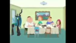 Size: 1280x720 | Tagged: safe, derpibooru import, edit, edited screencap, editor:notsafeforsanity, screencap, queen chrysalis, changeling, changeling queen, human, g4, blurry, brian griffin, chris griffin, dining room, family guy, indoors, lois griffin, meg griffin, needs more jpeg, painting, peter griffin, stewie griffin