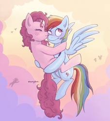 Size: 1804x1991 | Tagged: safe, artist:starryducks, derpibooru import, pinkie pie, rainbow dash, earth pony, pegasus, pony, blushing, cloud, cute, dashabetes, diapinkes, duo, duo female, eyes closed, female, flying, hug, kiss on the cheek, kissing, lesbian, mare, outdoors, pinkiedash, shipping