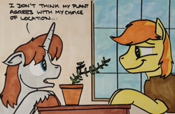 Size: 2048x1339 | Tagged: safe, artist:hoofclid, derpibooru import, braeburn, oc, oc:hoofclid, earth pony, pony, unicorn, g4, canon x oc, dialogue, duo, duo male, gay, horn, indoors, male, marker drawing, narrowed eyes, potted plant, shipping, smiling, stallion, traditional art, unshorn fetlocks