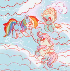 Size: 2528x2552 | Tagged: safe, artist:jaanhavi, derpibooru import, fluttershy, rainbow dash, zephyr breeze, pegasus, pony, g4, blank flank, cloud, colt, colt zephyr breeze, female, filly, filly fluttershy, filly rainbow dash, flying, foal, high res, lying down, lying on a cloud, male, on a cloud, trio, younger