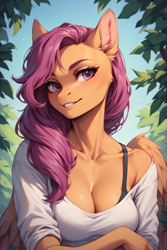 Size: 896x1344 | Tagged: safe, ai content, derpibooru import, machine learning generated, scootaloo, anthro, pegasus, g4, boobaloo, bra, bra strap, breasts, cleavage, clothes, crossed arms, ear fluff, ears, female, long hair, looking at you, mare, off shoulder, older, older scootaloo, outdoors, prompter:saberclaw1x, smiling, smiling at you, solo, underwear