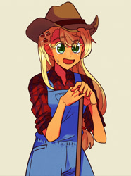 Size: 1280x1721 | Tagged: safe, artist:bibiriswamp, artist:robinswamp, derpibooru import, applejack, equestria girls, g4, clothes, cutie mark accessory, cutie mark hair accessory, female, hair accessory, overalls, simple background, solo