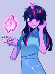 Size: 1280x1721 | Tagged: safe, artist:bibiriswamp, artist:robinswamp, derpibooru import, twilight sparkle, human, equestria girls, g4, constellation, cup, cutie mark accessory, cutie mark hair accessory, eye clipping through hair, female, hair accessory, horn, magic, simple background, solo, teacup, teapot, telekinesis, unicorn horn