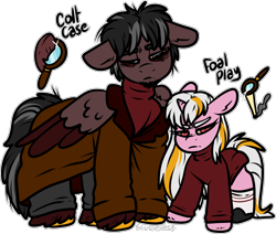 Size: 1968x1666 | Tagged: safe, artist:sexygoatgod, derpibooru import, oc, oc only, oc:colt case, oc:foal play, pegasus, pony, unicorn, bags under eyes, clothes, duo, female, filly, foal, horn, long coat, male, simple background, stallion, transparent background