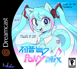 Size: 2355x2124 | Tagged: safe, artist:ccruelangel, derpibooru import, earth pony, pony, robot, android, anime, binary, blue eyes, blue mane, encouragement, encouraging, esrb, game, game cover, hatsune miku, japanese, kotobukiya, kotobukiya hatsune miku pony, looking at you, music notes, parody, ponified, sega dreamcast, signature, solo, species swap, video game, vocaloid