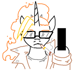 Size: 358x343 | Tagged: safe, artist:jargon scott, derpibooru import, oc, oc only, oc:dyx, alicorn, pony, bust, censor bar, censored, cigarette, female, looking at you, mare, middle finger, older, older dyx, simple background, smoking, solo, sunglasses, vulgar, white background