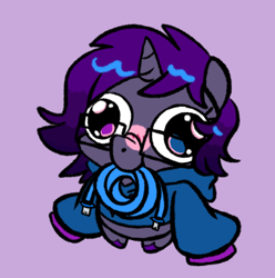 Size: 618x624 | Tagged: safe, artist:paperbagpony, derpibooru import, oc, oc:technomancer, pony, unicorn, blue mane, blushing, chibi, clothes, commission, ethernet cable, glasses, gradient mane, gray coat, heterochromia, hoodie, horn, lavender background, mouth hold, purple mane, simple background, solo, unshorn fetlocks, ych result