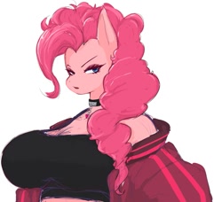 Size: 979x892 | Tagged: safe, artist:apple_somflo, derpibooru import, pinkie pie, anthro, earth pony, g4, big breasts, breasts, bust, choker, clothes, female, pinkie pies, simple background, white background