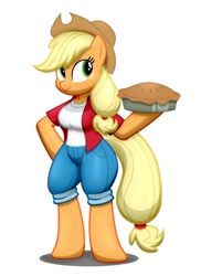 Size: 678x929 | Tagged: safe, artist:flash equestria photography, derpibooru import, applejack, anthro, earth pony, unguligrade anthro, apple, apple pie, applerack, arm hooves, breasts, food, pie, semi-quad, shading, simple background, solo, white background