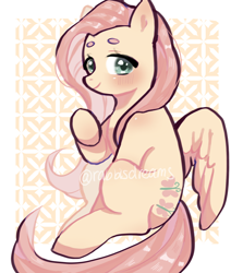 Size: 1600x1791 | Tagged: safe, artist:rabbisdreams, derpibooru import, fluttershy, pegasus, pony, g4, beanbrows, blushing, cute, eyebrows, female, looking at you, mare, passepartout, patterned background, shyabetes, sitting, smiling, smiling at you, solo