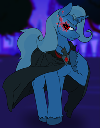 Size: 2229x2841 | Tagged: safe, artist:2hrnap, derpibooru import, trixie, pony, unicorn, g4, magic duel, alicorn amulet, cape, clothes, female, hoof on chest, horn, mare, night, red eyes, red eyes take warning, solo, standing, unshorn fetlocks