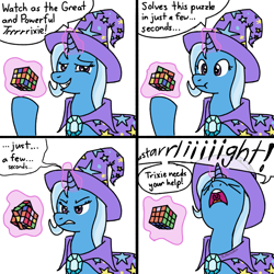 Size: 1920x1920 | Tagged: safe, artist:_butterscotch, derpibooru exclusive, derpibooru import, trixie, pony, unicorn, g4, brooch, cape, clothes, comic, dialogue, female, glowing, glowing horn, hat, horn, jewelry, magic, magic aura, mare, rubik's cube, solo, speech bubble, telekinesis, trixie's brooch, trixie's cape, trixie's hat