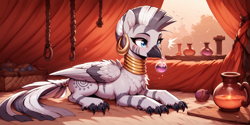 Size: 2400x1200 | Tagged: safe, ai content, derpibooru import, machine learning generated, zecora, griffon, hybrid, zebra, beak, claws, drink, drinking, emanata, implied transformation, indoors, paws, potion, prompter:greesys, solo, surprised, tent, wings