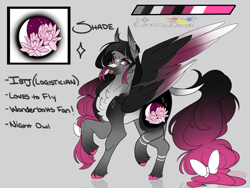 Size: 1600x1200 | Tagged: safe, artist:legendaryshadee, derpibooru import, oc, oc:shade peony, pegasus, pony, female, mare, reference sheet, solo