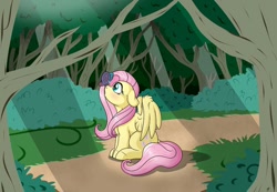 Size: 1300x900 | Tagged: safe, artist:takutanuvataio, derpibooru import, fluttershy, butterfly, pegasus, pony, blushing, butterfly on nose, crepuscular rays, ears, female, floppy ears, forest, insect on nose, mare, nature, outdoors, partially open wings, sitting, solo, tree, wings