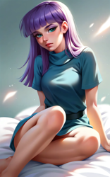 Size: 2560x4096 | Tagged: safe, ai content, derpibooru import, generator:pony diffusion v6 xl, generator:purplesmart.ai, generator:stable diffusion, machine learning generated, maud pie, human, anonymous prompter, belt, clothes, crossed legs, dress, expressionless face, female, human female, humanized, legs, looking at you, sitting, solo, upscaled