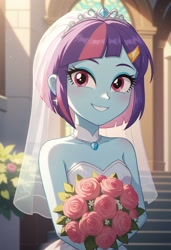 Size: 832x1216 | Tagged: safe, ai content, derpibooru import, machine learning generated, sunny flare, human, equestria girls, g4, bouquet, clothes, dress, flower, prompter:nw th, smiling, solo, wedding dress