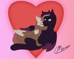 Size: 3969x3200 | Tagged: safe, artist:maître cervidé, derpibooru import, oc, oc:coffee sprite, oc:purple rain, pegasus, cuddling, duo, duo male, gay, heart, love, male, signature, sleeping