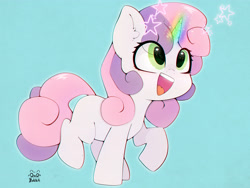 Size: 4000x3000 | Tagged: safe, artist:zokkili, derpibooru import, sweetie belle, pony, unicorn, g4, blank flank, cute, diasweetes, ear fluff, ears, eye clipping through hair, female, filly, foal, glowing, glowing horn, high res, horn, magic, open mouth, open smile, raised hoof, raised leg, signature, smiling, solo, tail