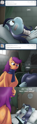 Size: 1500x5020 | Tagged: safe, artist:drxii, derpibooru import, scootaloo, oc, oc:ipsywitch, pony, g4, ask, bedroom, dialogue, female, tumblr