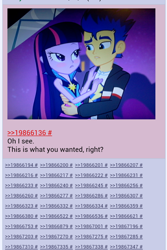 Size: 1070x1600 | Tagged: safe, derpibooru import, screencap, flash sentry, twilight sparkle, twilight sparkle (alicorn), alicorn, human, equestria girls, g4, rainbow rocks, /mlp/, 2014, 4chan, 4chan screencap, artifact, blushing, cropped, drama, duo, duo male and female, end of the world, eye contact, female, flash sentry drama, flashgate, flashlight, holding, lidded eyes, link in description, looking at each other, looking at someone, male, meme, shipping, straight, waifu thief