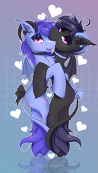 Size: 2785x4951 | Tagged: safe, artist:divori, derpibooru import, oc, oc only, oc:midnight depth, oc:night depth, bat pony, abstract background, bat pony oc, bow, collar, eyelashes, eyeshadow, female, gradient background, heart, horn, horns, hug, looking at you, makeup, piercing, pink eyes, reflection, siblings, sisters, smiling, smiling at you