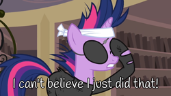 Size: 960x540 | Tagged: safe, derpibooru import, edit, edited screencap, screencap, twilight, twilight sparkle, pony, unicorn, g4, it's about time, bandage, book, eyepatch, facehoof, female, frazzled, future twilight, horn, indoors, library, mare, meme, monochrome, reference, shelf, solo, text