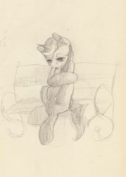 Size: 849x1200 | Tagged: safe, artist:wolfiedrawie, derpibooru import, lyra heartstrings, pony, unicorn, g4, bench, female, horn, mare, meme, monochrome, park bench, sitting, sitting lyra, sketch, solo, traditional art