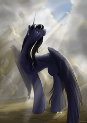 Size: 2480x3507 | Tagged: safe, artist:wolfiedrawie, derpibooru import, oc, oc only, oc:midnight shadow, alicorn, pegasus, pony, alicorn oc, crepuscular rays, female, flying, horn, mare, outdoors, solo focus, wings